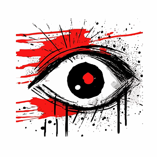 an abstract,minimalistic drawing of an eye looking confused a little happy and suprised, vector black and white, background red