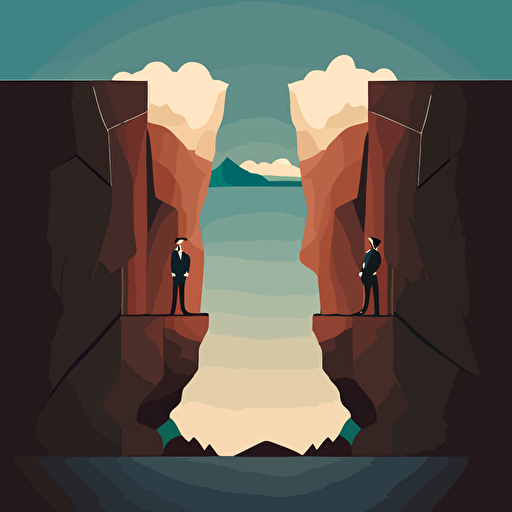 2d vector illustration, businessman is holding the gap between two mountain cliffs. another man stands on the left cliff