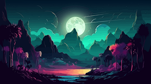 landscape of a foreign jungle planet with mountains, illuminated flora, slighly dark, vector illustration