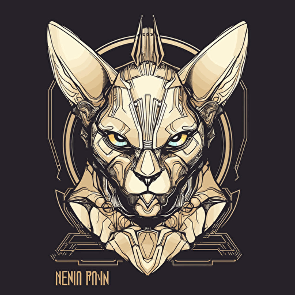 Logo, Menacing, Alien Mecha Cat, Sphynx, Silver Skin, Big Ears, Triangle Base, Vector Style,