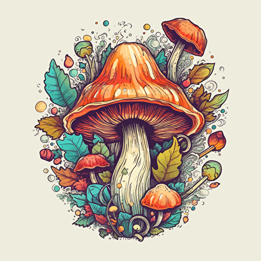 a beautiful mushroom with a surrounding floral design in detailed drawing style + simple vector + bright colors on a white background