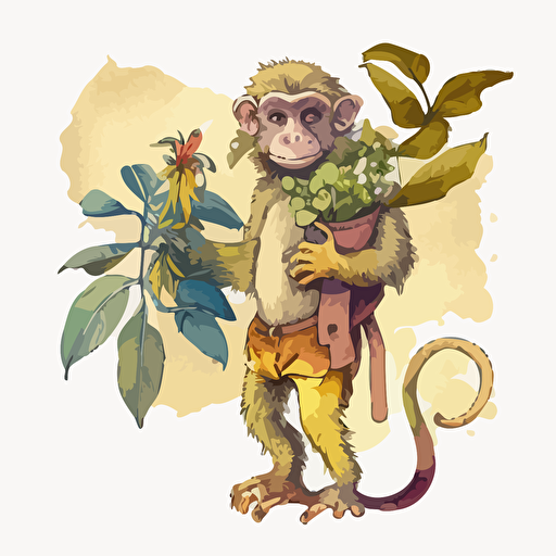 an anthropomorphic banana holding a monkey-plant hybrid in its hand, vector art , watercolor