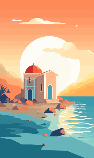 greek building on the beach, sky, blue and orange, simple vector style