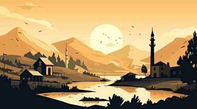 beautiful anatolian landscape with modern mosque and cottages, minimal vector design