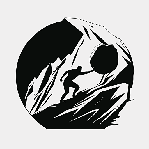 minimalist, pictoral iconic logo of sisyphus pushing rock up a hill, black vector on white background