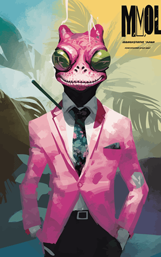 flat vector book cover design by russ mills showing painted wallpaper hawaii background to a pink anthropomorphic gecko salesman wearing a battered worn suit