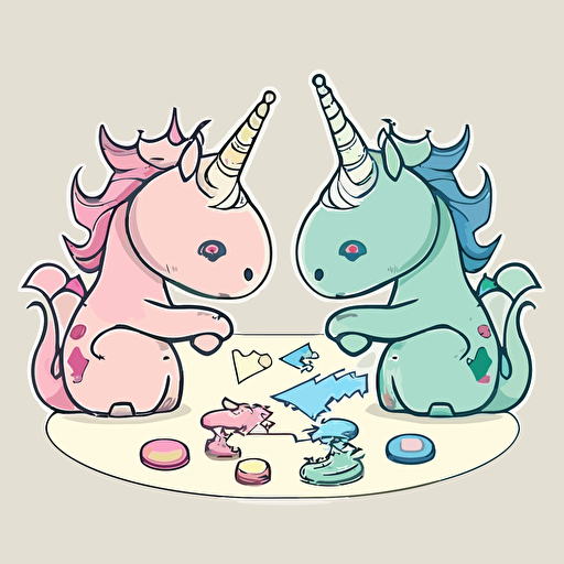 Dragon and unicorn play against each other in boardgame, ticker, colorful, kawaii, contour, vector, white background