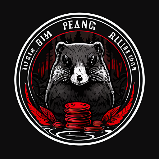 emblem logo of the “Black Stream Poker Club” poker club, with a serious groundhog vector illustration as the central mascot facing the camera, with a stack of poker chips, background image a stream running through a dark black and white mystical forest, red accent, white outline, vector art