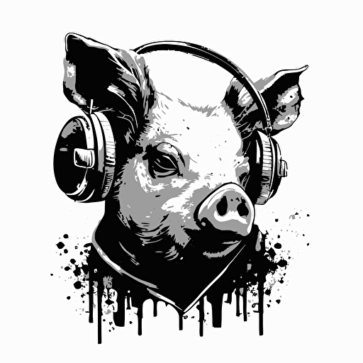 illustration of a pig for a dj logo, white background, black and white, vector style, the focus is in the face of the pig, using a headphones in his ears, informal teen style