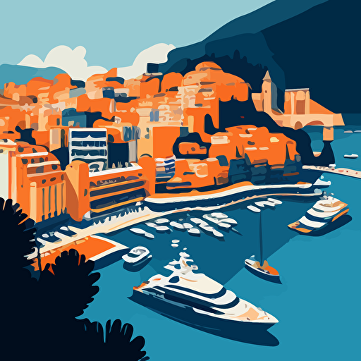 Simple vector drawing of Monaco, very uncluttered, using only blue and orange colours. There are yachts in the harbour. Only several buildings