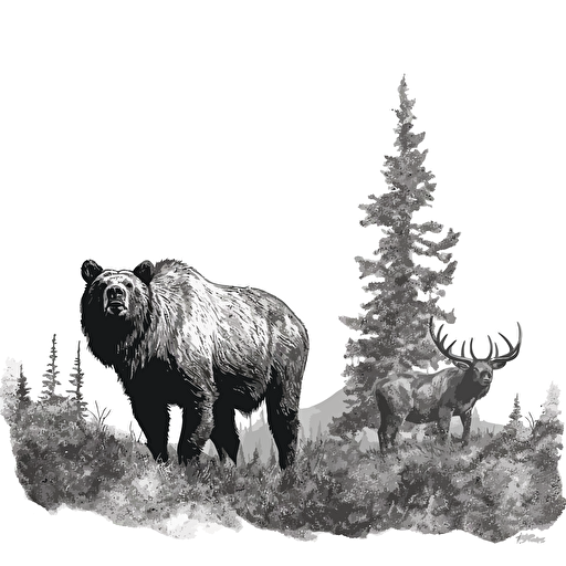 Grizzly bear pretending to be an Elk, Black and white illustration : : vector style