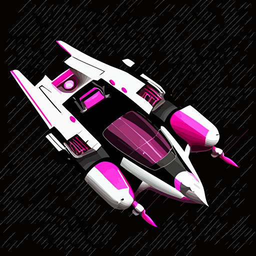 Hot pink and white space ship on black background, top-down view, clean, simple, no shadows, vector