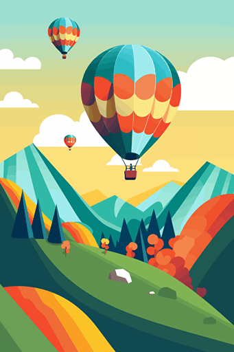 A whimsical vector image of a hot air balloon ride, featuring colorful balloons, sweeping vistas, and a sense of adventure