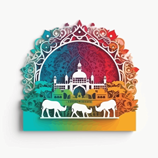 illlustration of eid mubarak using only red, yellow,blue,green,paper cut out, vector, white background