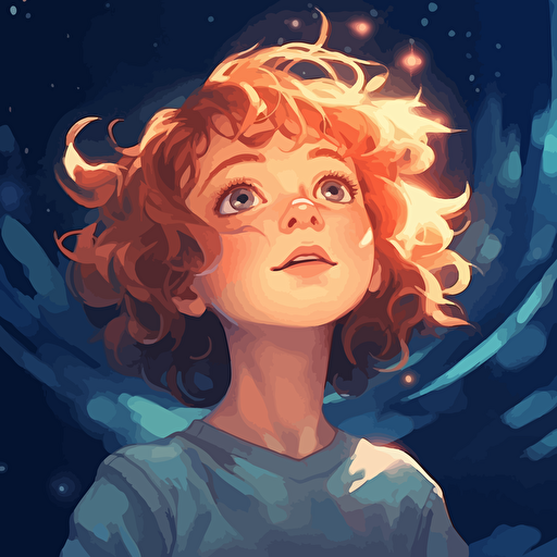 little girl with light brown short wavy curly hair and blue eyes floating in space, gazing in wonder at a quasar, Clear, detailed face. Clean Cel shaded vector art by lois van baarle, artgerm, Helen huang, by makoto shinkai and ilya kuvshinov, rossdraws, illustration