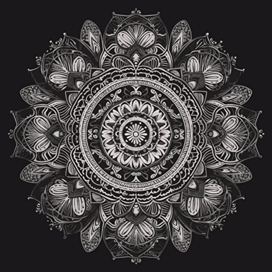 Create a intricate black and white mandala design in vector format that is suitable for coloring. The mandala should consist of multiple layers and intricate details, such as intricate patterns, intricate shapes, and intricate textures. The design should be balanced and symmetrical, with a central point that draws the eye. The use of negative space is also important, as it adds depth and dimension to the design. The end result should be a beautiful and detailed mandala that is both relaxing and challenging to color. 6144x6144