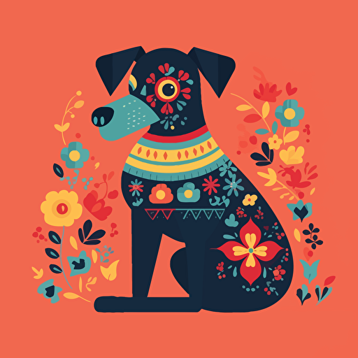 vector art, a single dog sitting illustration, dia de los muertos, simple shapes, minimalist, printmaking, vibrant colors, flat background that is one color