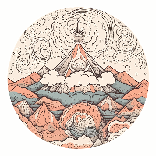 rolling mountains, single tent, campfire atmospheric clouds vector doodles ilustration minimalistic sacred geometry in a circular pattern, angelic