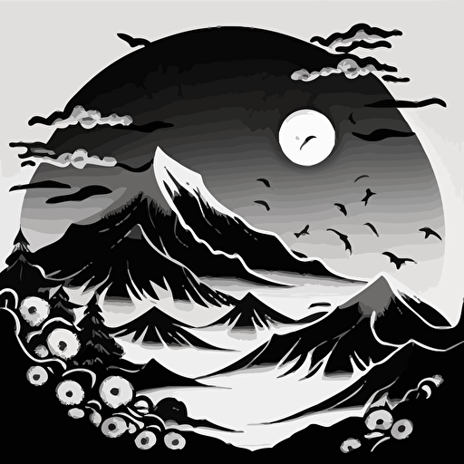 hokusai style drawing of mountains, vector art, 2d, black and white
