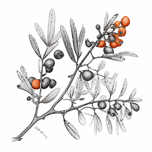 Hippophae, twig botanical drawing, vector, simple clean, 3 color, grayscale, white background