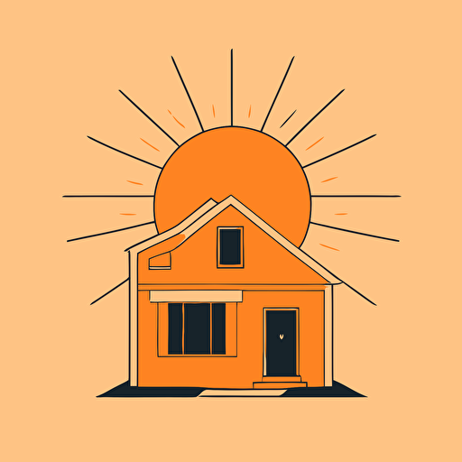 minimalist vector line logo of an orange sun with no rays above a small house in the style of ivan chermayeff