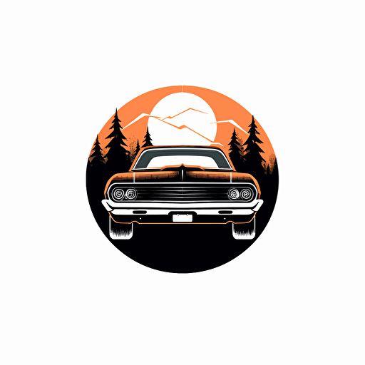 vector minimalistic logo from the tailgate view of a muscle car on a road, white background