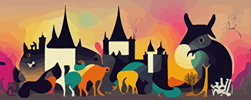 street art, vector, lots of animals in a magical world, castle, detailed, creatures highlight