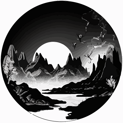 fantastical mountain range drawing, monotone, black and white, single layer, no shadows, #000000, 700mm diameter perfect circle, black outer border, vector art, maximum contrast