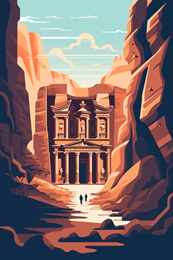 front view of Petra in jordan, blue sky, vector design, minimalist, flat