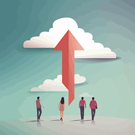 students at a big arrow, clouds vector style