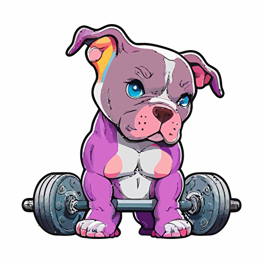 vector happy pitbull puppy tired from lifting weights+ sticker+ white background + vibrant pink and purple+ cartoon
