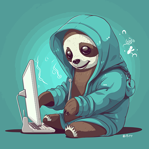 Cute vector image of sloth holding in a hoodie, holding computer, Hanging on edge, cyan color scheme,