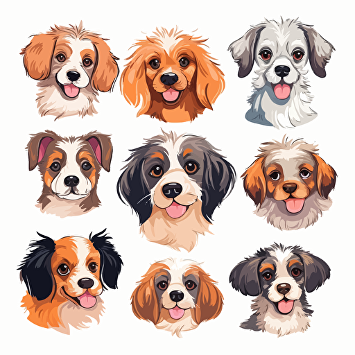 small set of several puppies dogs vector illustration clipart , in the style of 32k uhd, eye-catching, lively facial expressions, comic strip art, petcore, tondo, poodlepunk
