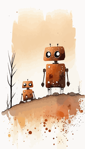 rust #253565 and #BFE2D5 watercolour abstract landscape, Minimalist, vector, contour, little robots