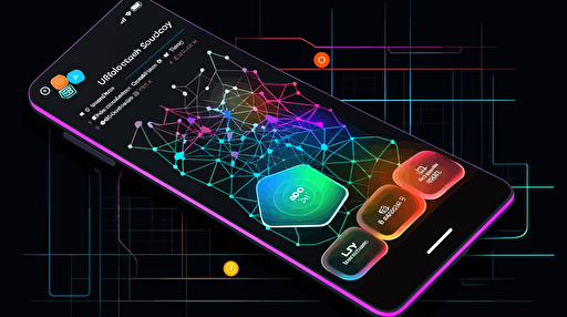 an ultra simple, straight to camera, modern vector illustration of a colorful wireframe of a single mobile app, over a bright and celebratory background