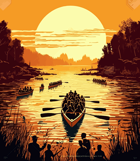 a crowd viewing a rowing boat race from the shore in the style of illustration, luminous palette, pictorial space, vector