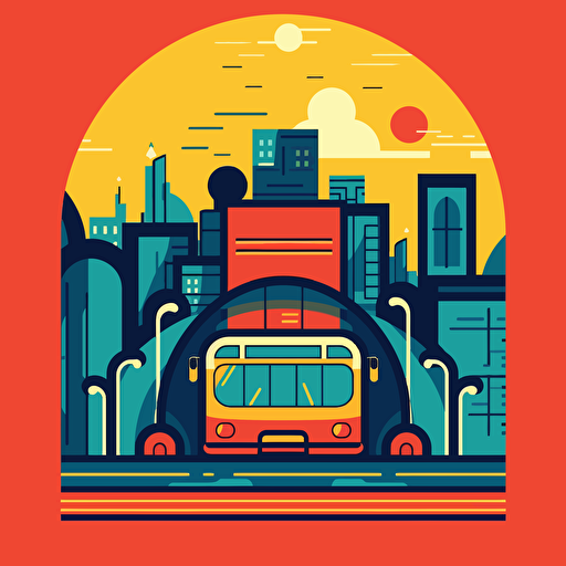 a simple city themed card back design with a tour bus on it. symmetrical design, fun primary colours with a vector art style
