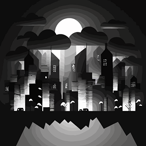 A vector illustration of a minimalistic city in shadows with lights and clouds, no shades, flat vectors, black and white, isolated with white background