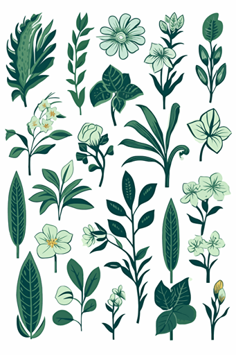 collection of stickers with outline, green plants, palm, flowers, vector, minimalistic style, white background