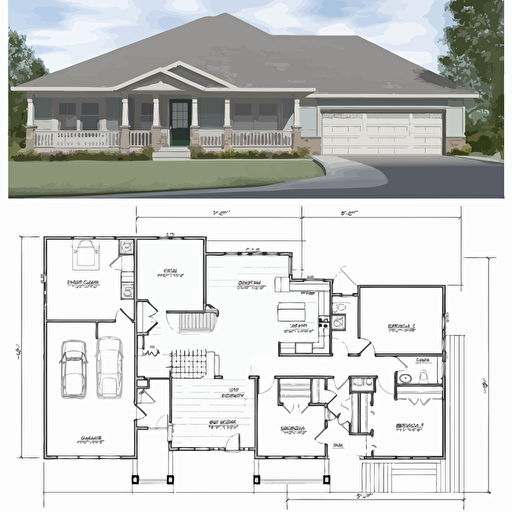 single family home floor plan CAD, 2D,, simple vector drawing, 3 bedroom, 2 bath, 2 car garage, covered rear porch