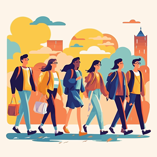 Stylish modern fluid contemporary flat vector illustration of 5 schoolchildren and students walking to study and education for a poster.
