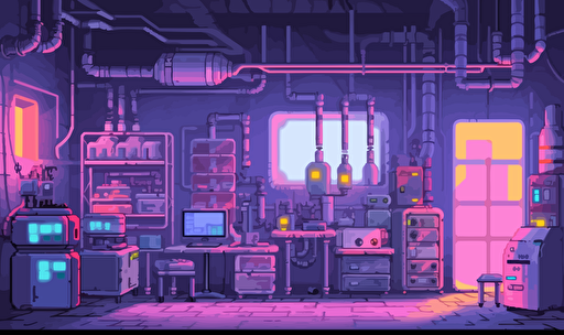 2d pixel art room with abandoned laboratory equipment, tanks, pipes, monitors, bright foggy pixel art vibe, separate 2d components placed around room, flat vector style,