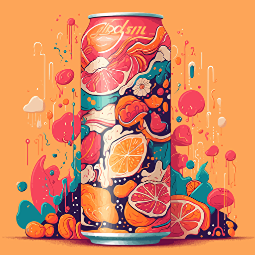 a colorful 2D vector can label , flavor strawberry-orange-marshmallow soda, targeting teenagers, illustrations of Orange and strawberry, abstract and colorful shapes. Incorporate bubbles desing to emphasize the drink's bubbly texture.