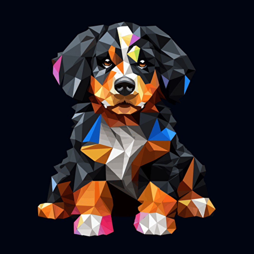 colorfull origami Bernese Mountain Dog puppy dog, vector art, black background