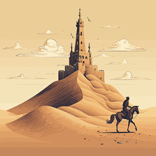 A knight, riding a tall horse, galloping in the desert, behind a sand castle made of sand, infinite compression, in the style of surrealism influence, ahmed morsi, precision influence, dynamic balance, vectorialism influence