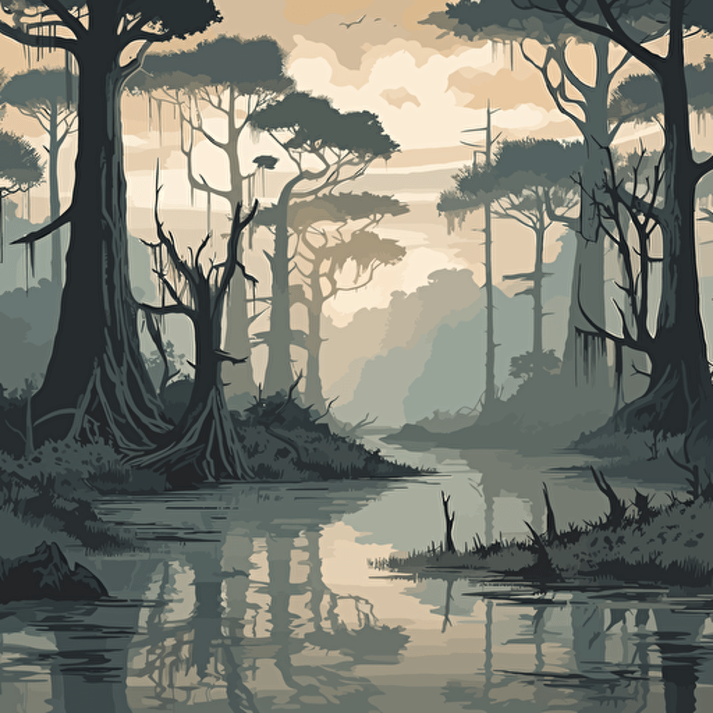 in vector art style, a Split level shot showing above and below the swamp water. The scene is murky, reflecting the gray sky above. Thick fog blankets the landscape, obscuring the trees and casting an eerie glow on the scene. The air is heavy with the scent of damp earth and decaying vegetation. Cyprus trees stand tall and gnarled, their roots dipping into the murky waters. The twisted branches are home to all flying insects, their wings a blur of movement in the mist. As you peer closer, you can see the shadowy depths of the swamp beneath the water's surface. Sluggish water creatures slink and slither through the tangled roots, unseen by those who walk above. It's a querulous landscape, full of mystery and hidden dangers. You can't help but feel a sense of unease as you make your way through the murky waters and tangled undergrowth