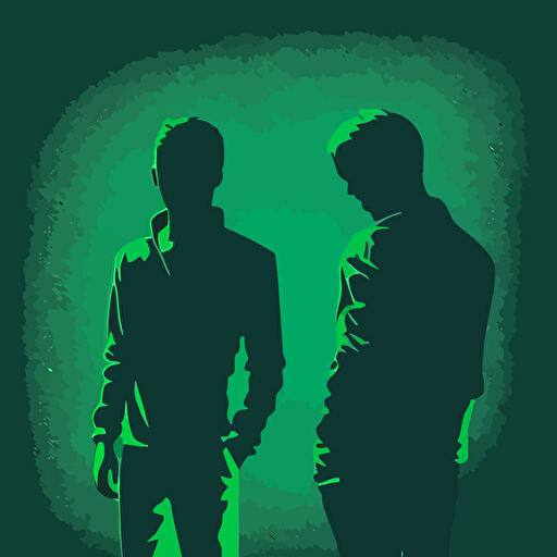 2 man, Innocent, Guys Night Out, green color, blue background, simple design, vector style, white outline over silhouette