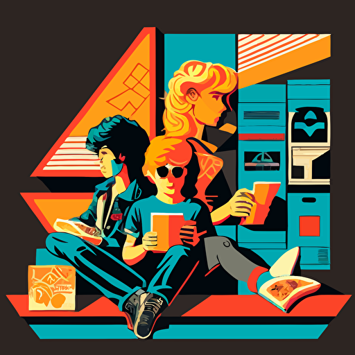 3 young, in the ´90, sitting on a couch, eating noodles from fast food chinese boxes. The walls have posters of rock bands. There is a shelf with stacked records. vectorial art geometric, similar Tom Whalen