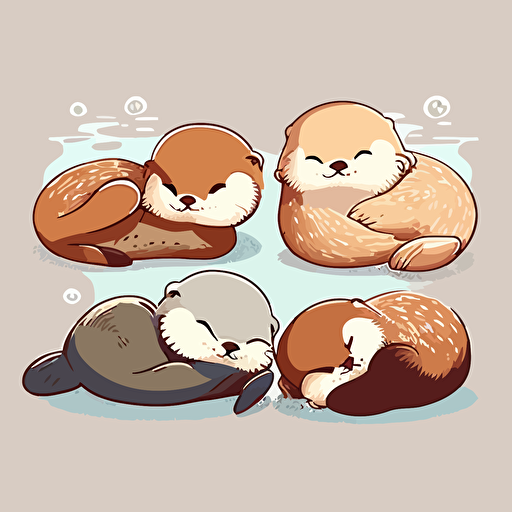 Very cute Otters lying down pixar style, 2d flat design, vector, cut sticker