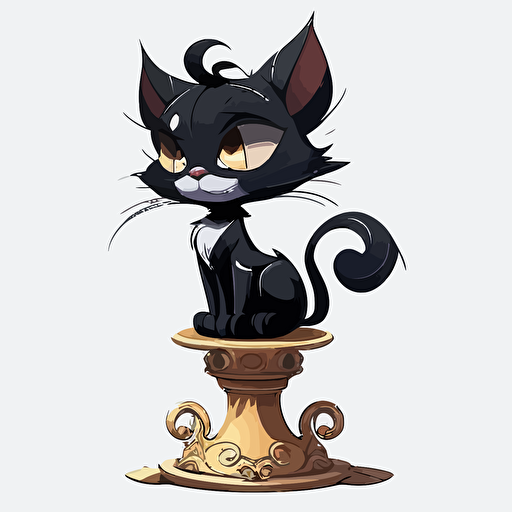 Disney style, hand drawn cartoon, black, cute female cat sitting on a pedestal, white background, vector, High definition
